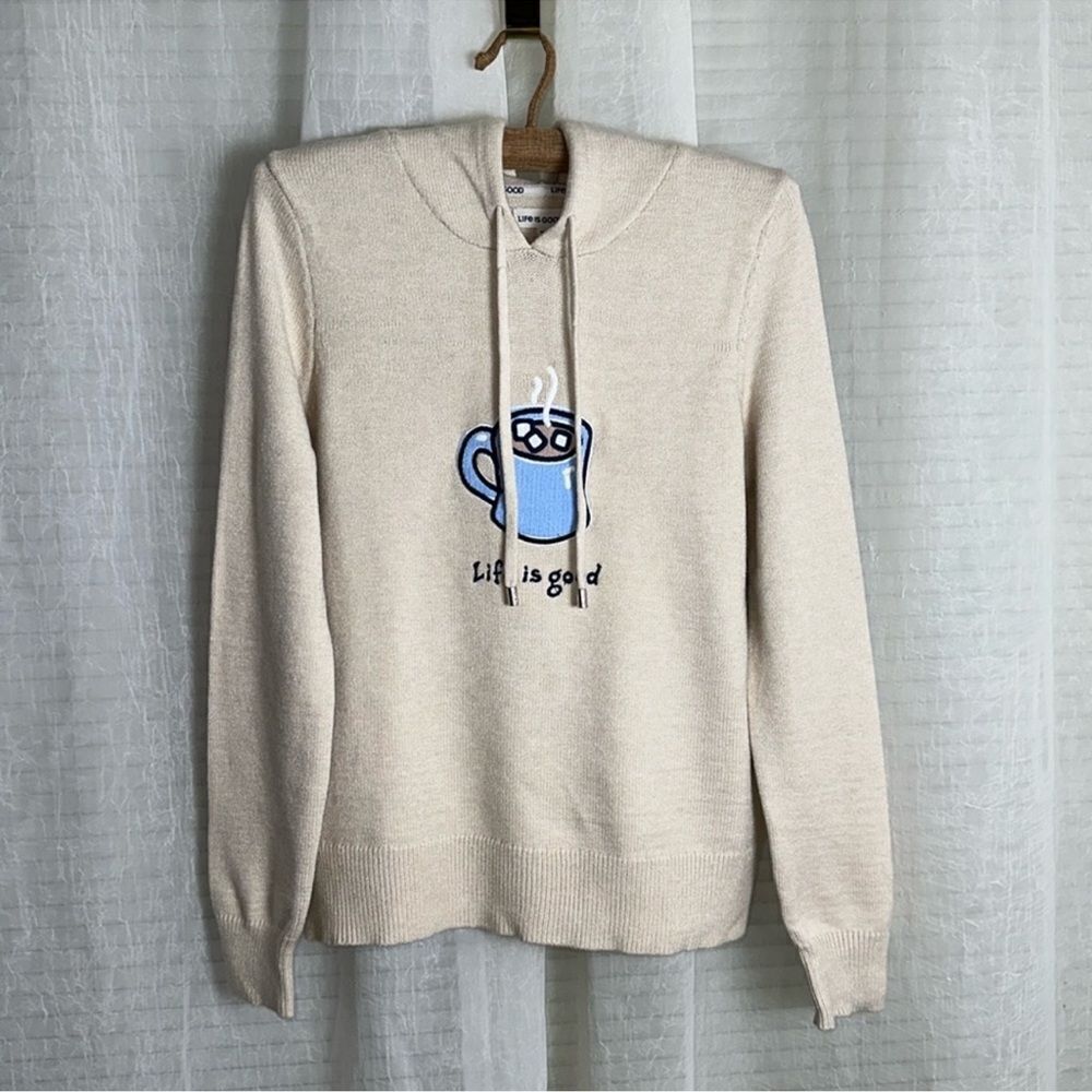 Life is Good S Ivory White Blue Tan Hot Marshmallow Chocolate Hooded Sweater